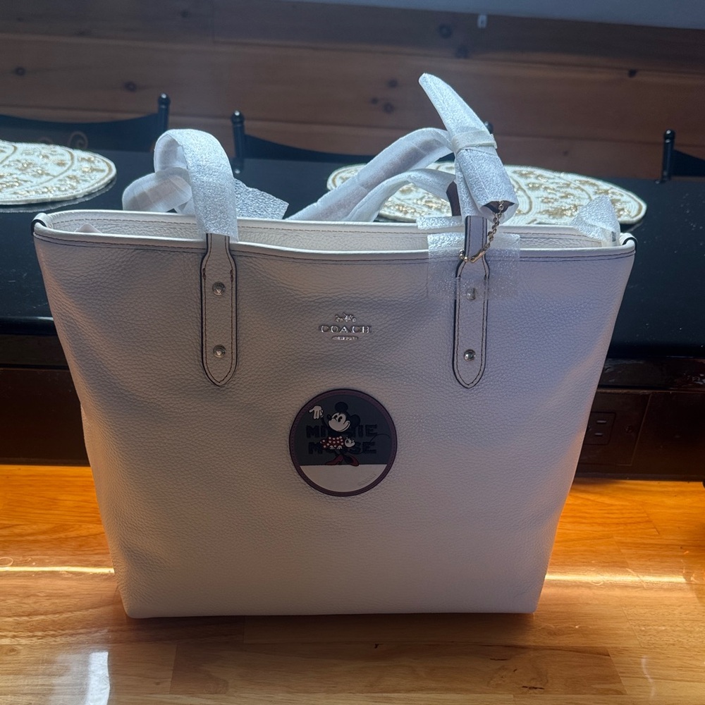Coach White Leather Tote with Mickey Mouse Patch